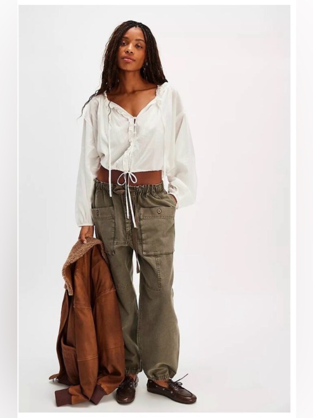 FREE PEOPLE NWOT CARGO RIVER STONE ARMY GREEN OLIVE BAGGY JOGGER PANT SZ MEDIUM